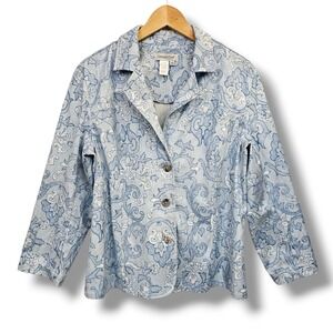 Coldwater Creek Blazer Womens 14 Blue Damask Scroll Jacket Stretch Spring Preppy